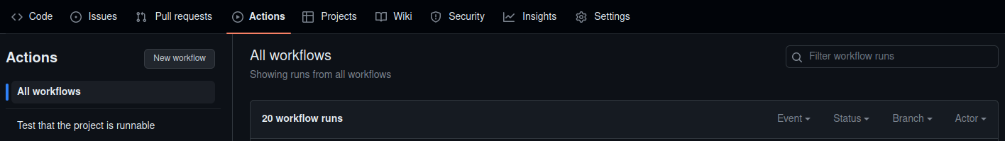 A screenshot showing the GitHub Actions tab for a repository.