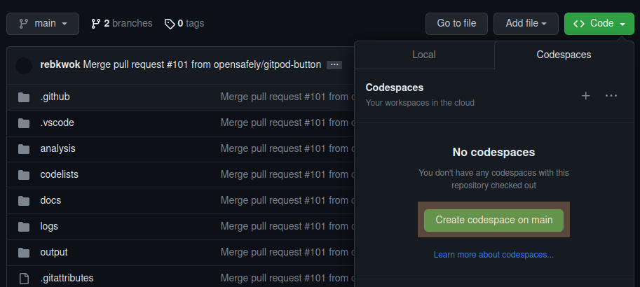 A screenshot showing the "Create codespace on main" button.