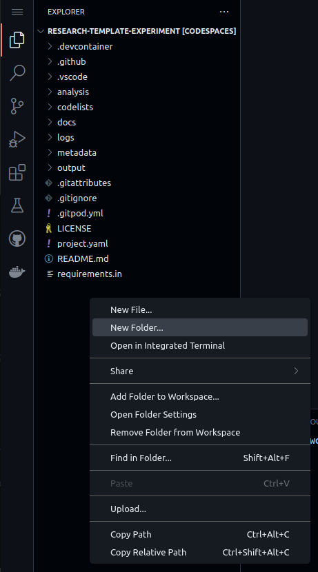 A screenshot showing the "New Folder…" option in the Visual Studio Code File Explorer.